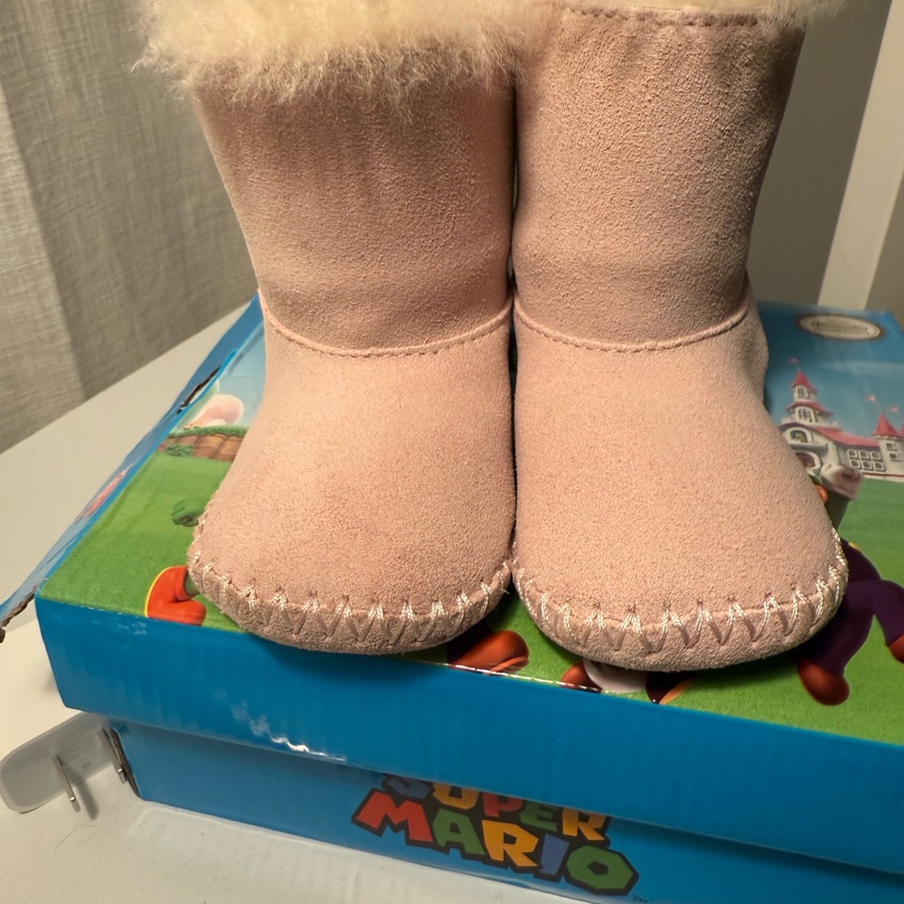 Pink Suede Moccasin Boots with Fur Trim